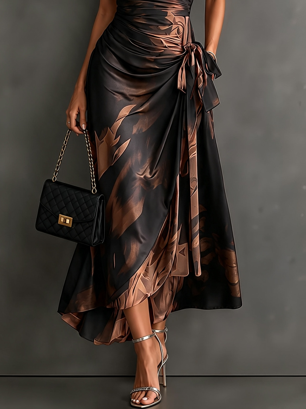 Malasia | Vestido Midi Envoltura Abstracto Rojo y Negro con Cuello Camisero, Escote en V