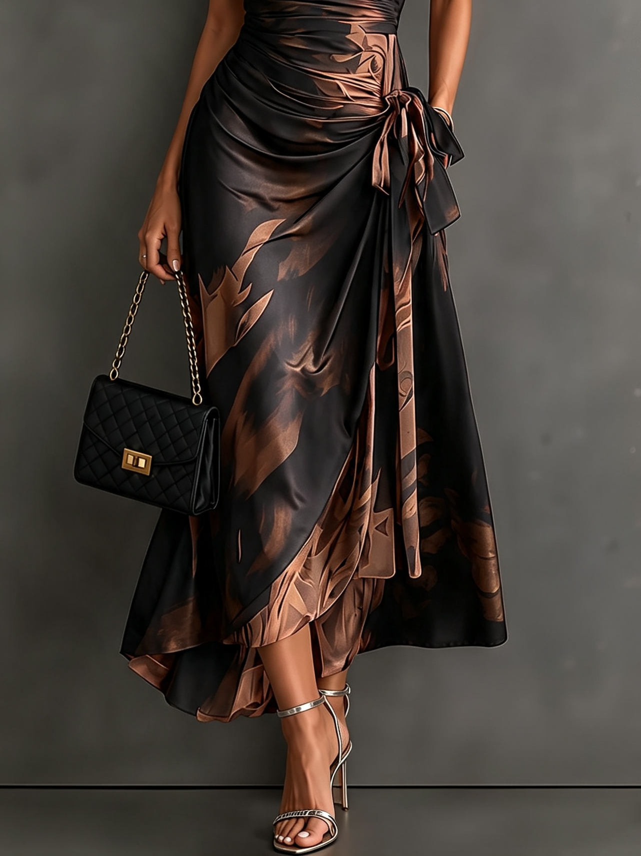 Carla | Vestido Midi Envolvente Abstracto Negro Marrón con Cuello Camisa, Escote en V