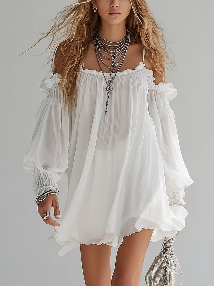 Vannesa | Vestido Mini Fluido Estilo Bohemio con Hombros Descubiertos