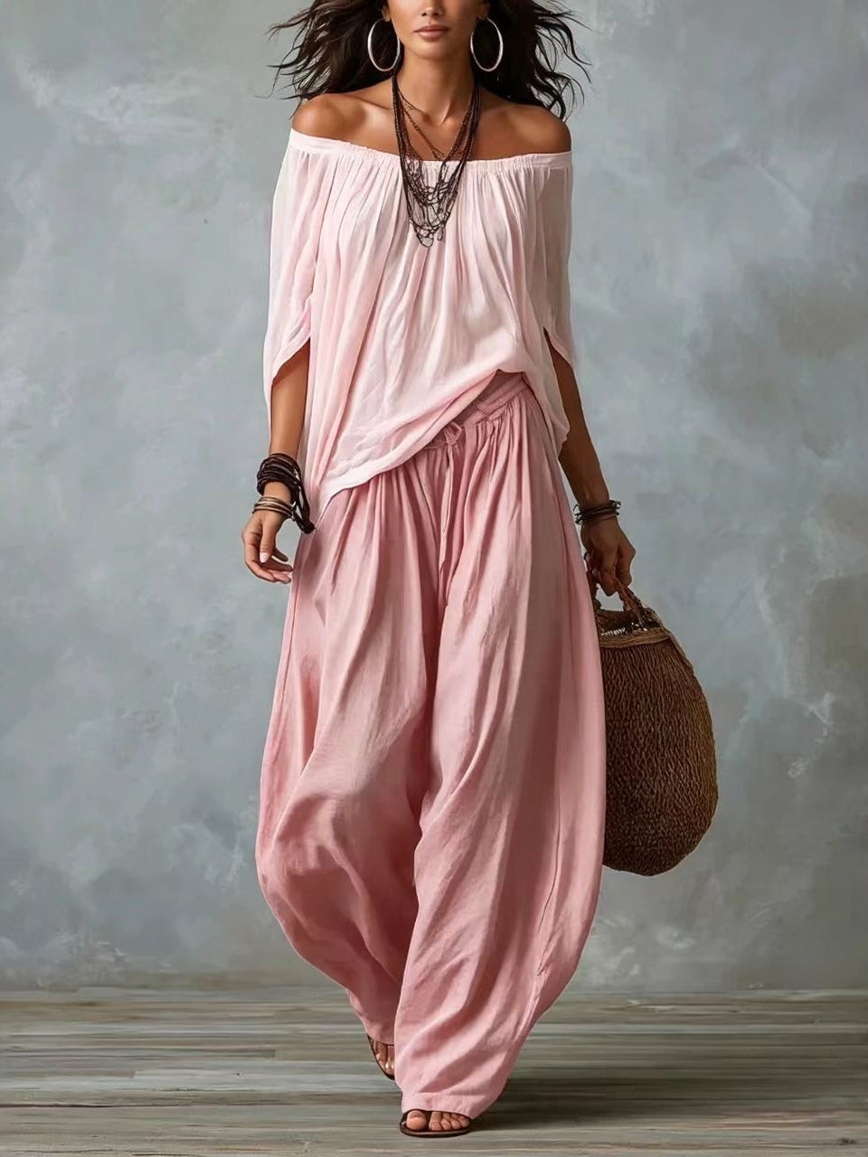 Marta | Conjunto de Top Blanco Off-the-shoulder y Pantalones Lantern Holgados