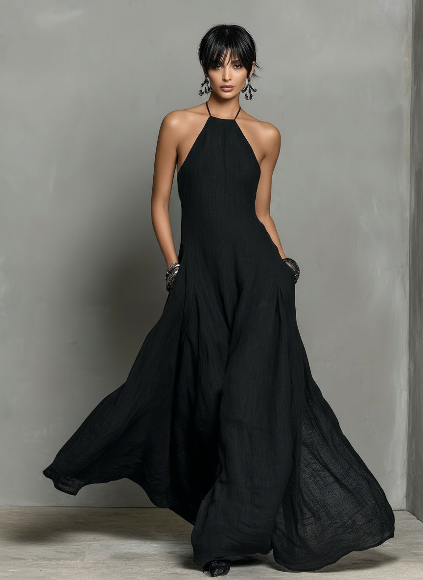 Vestido Maxi de Mezcla de Lino con Cuello Halter