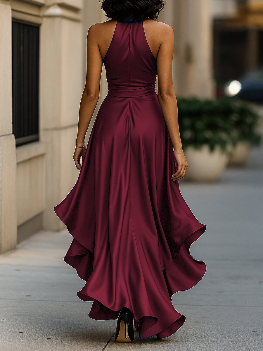 Triana | Vestido de Raso con Volantes Halter Elegancia de Medianoche