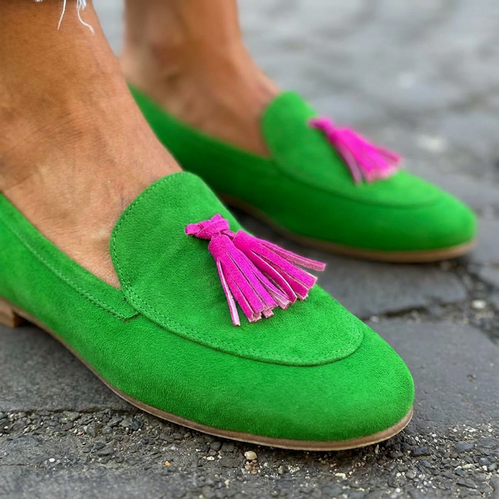 Isabela | Mocasín Verde con Flecos Fucsias