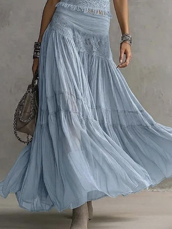 CONJUNTO DE TOP DE ENCAJE AZUL Y FALDA MAXI PLISADA