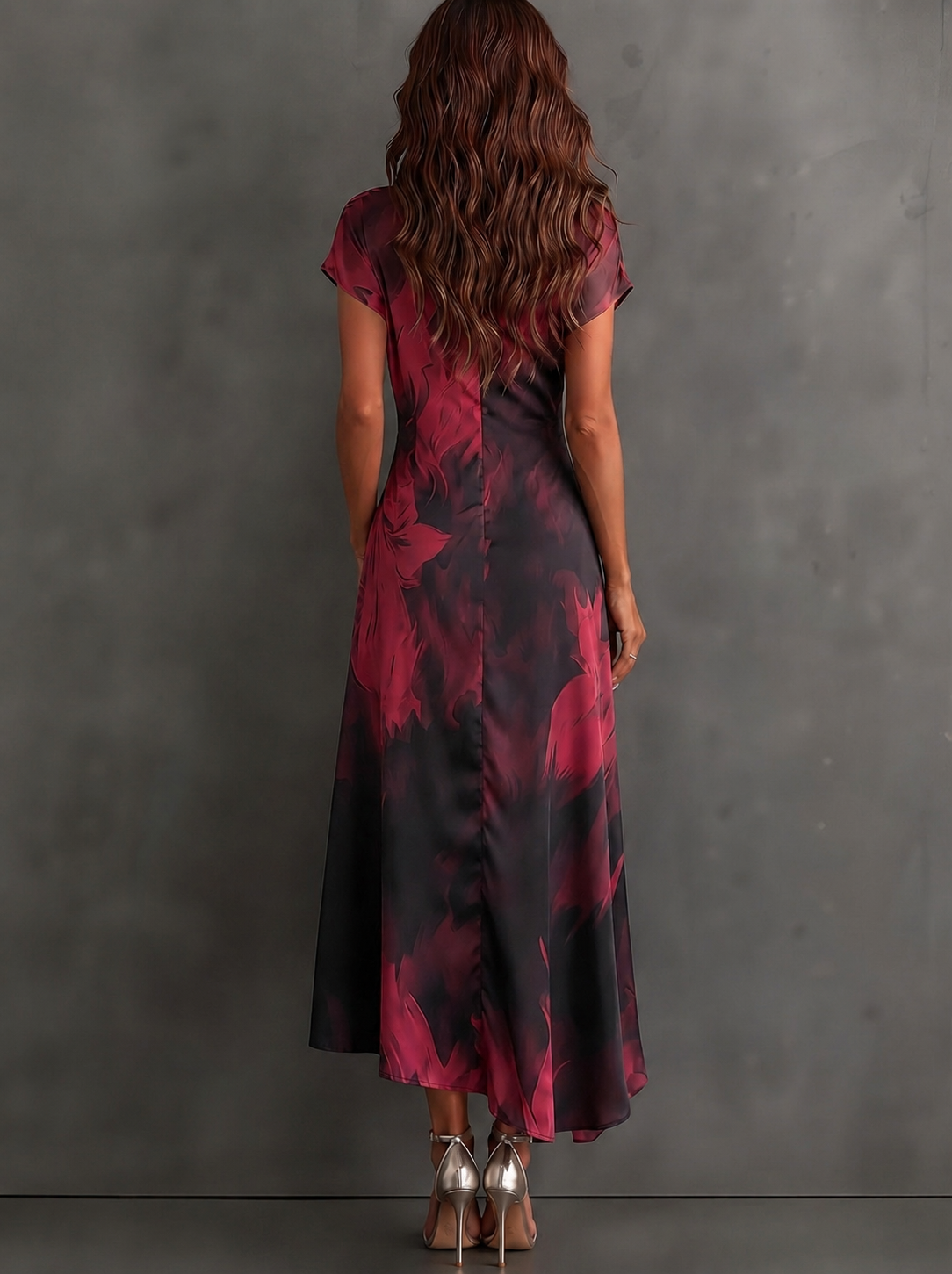 Malasia | Vestido Midi Envoltura Abstracto Rojo y Negro con Cuello Camisero, Escote en V