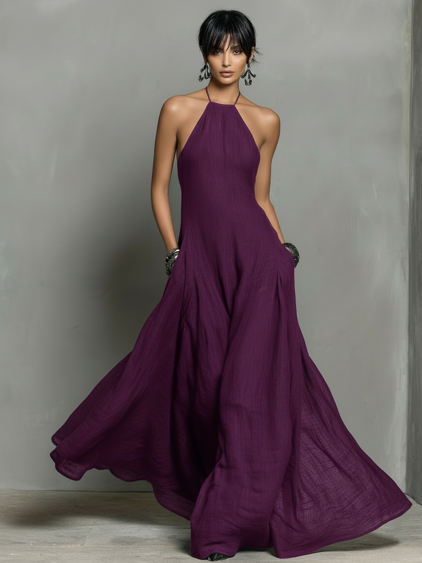 Vestido Maxi de Mezcla de Lino con Cuello Halter