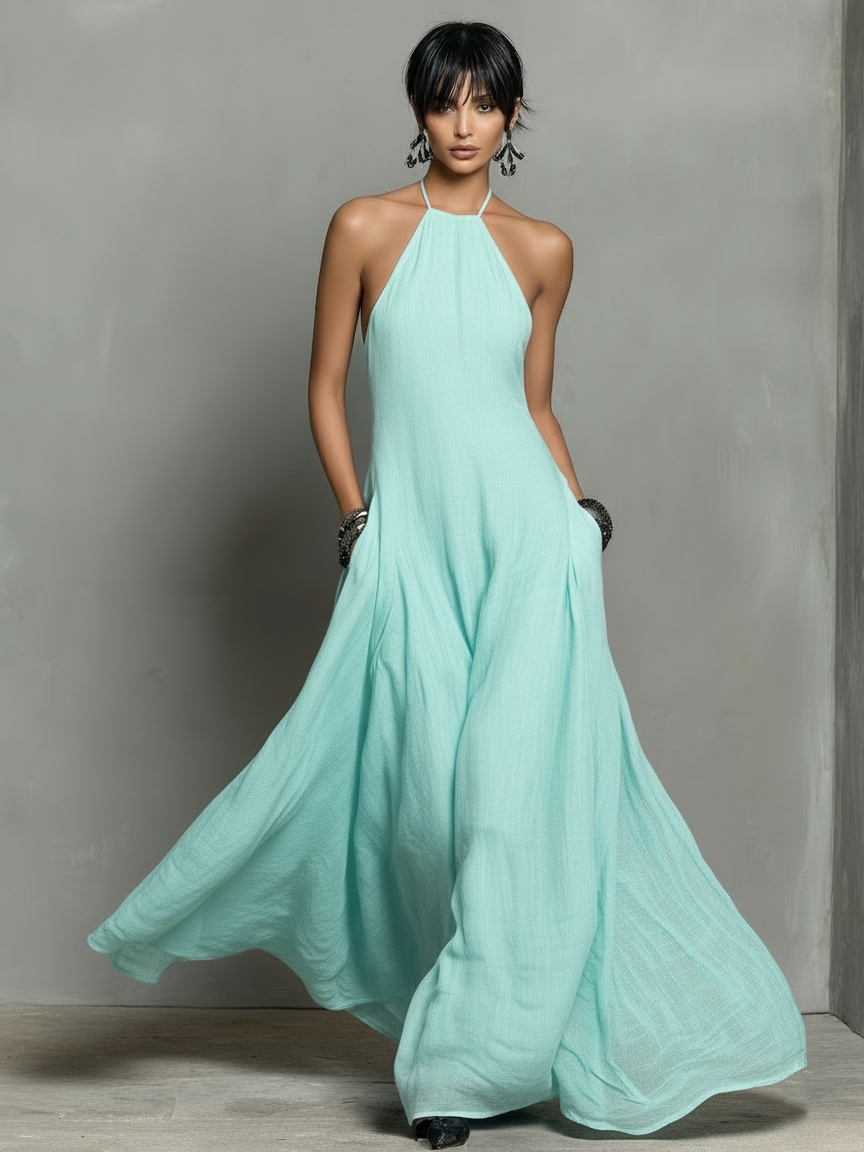 Vestido Maxi de Mezcla de Lino con Cuello Halter