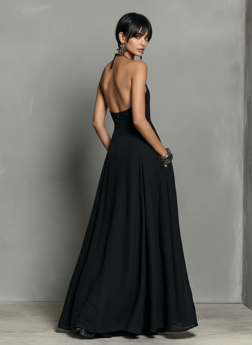 Vestido Maxi de Mezcla de Lino con Cuello Halter