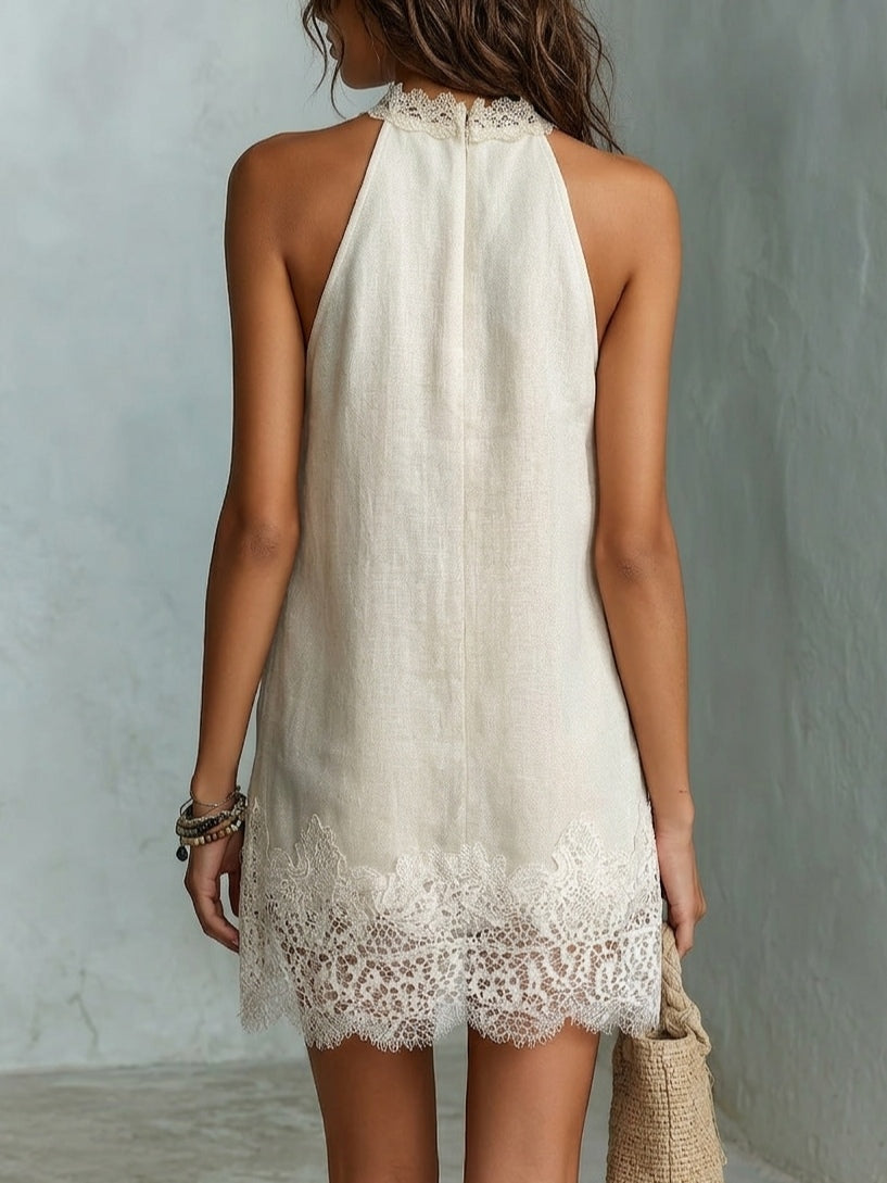 Vestido Mini de Cuello Halter con Encaje en Color Blanco Roto