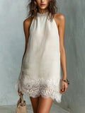 Vestido Mini de Cuello Halter con Encaje en Color Blanco Roto