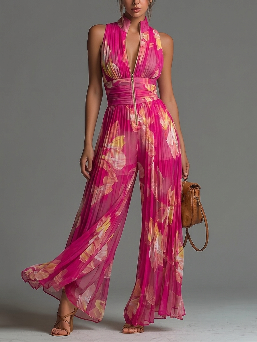 Mono de Gasa Floral Fucsia Plisado