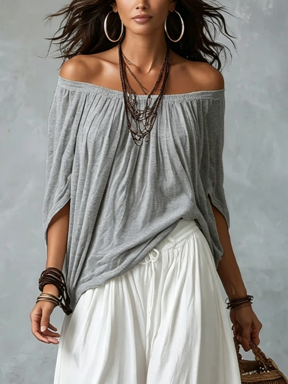 Marta | Conjunto de Top Blanco Off-the-shoulder y Pantalones Lantern Holgados