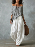 Leticia | Conjunto de Top Blanco Off-the-shoulder y Pantalones Lantern Holgados (Copia)