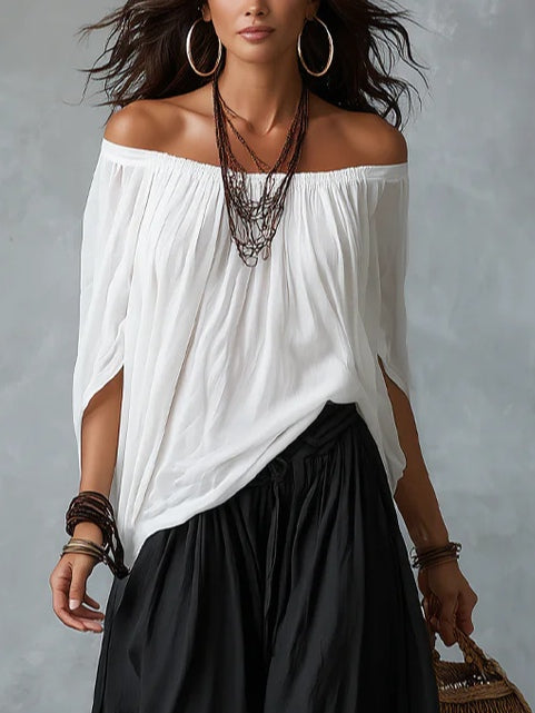 Marta | Conjunto de Top Blanco Off-the-shoulder y Pantalones Lantern Holgados