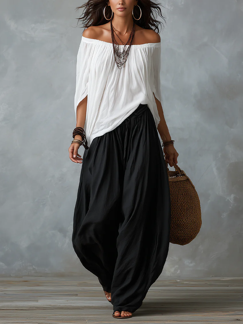 Marta | Conjunto de Top Blanco Off-the-shoulder y Pantalones Lantern Holgados