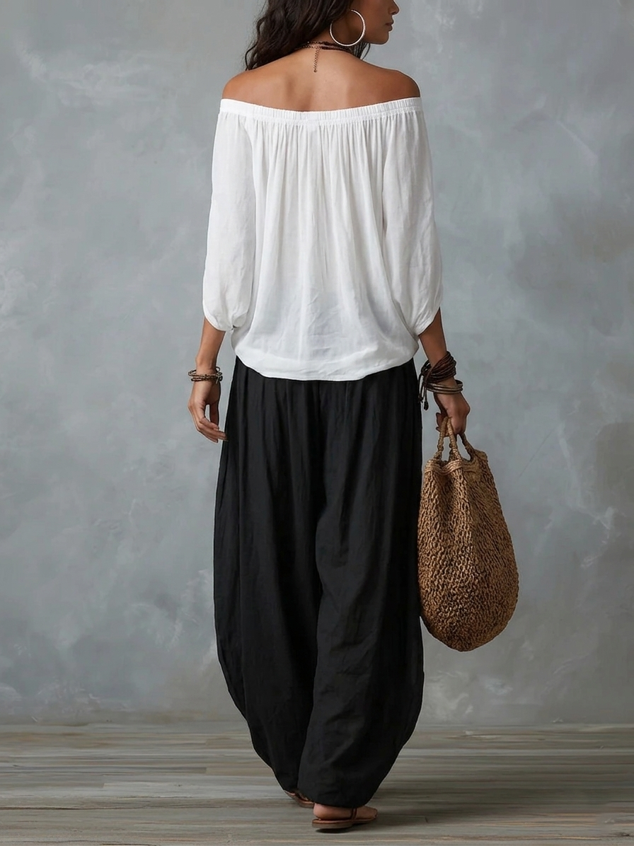 Marta | Conjunto de Top Blanco Off-the-shoulder y Pantalones Lantern Holgados
