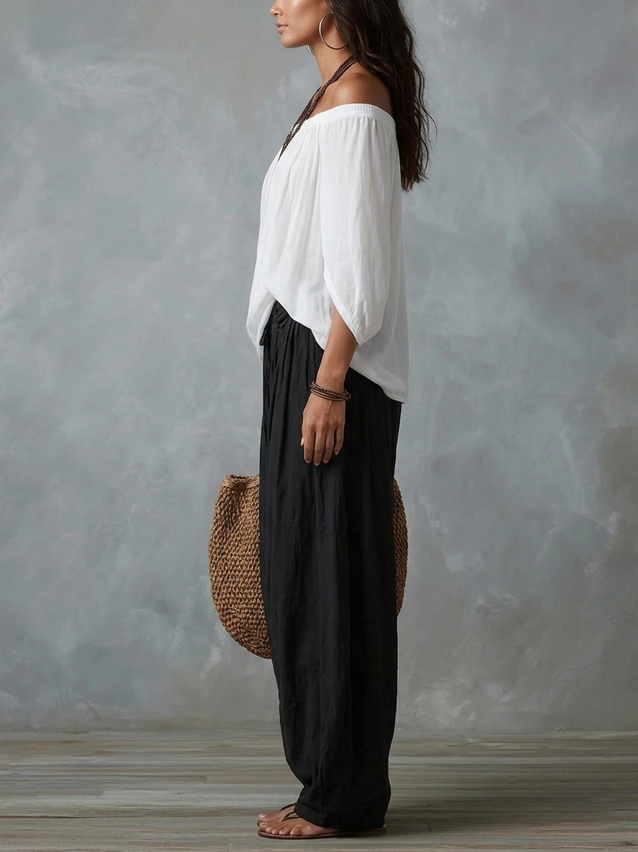 Marta | Conjunto de Top Blanco Off-the-shoulder y Pantalones Lantern Holgados