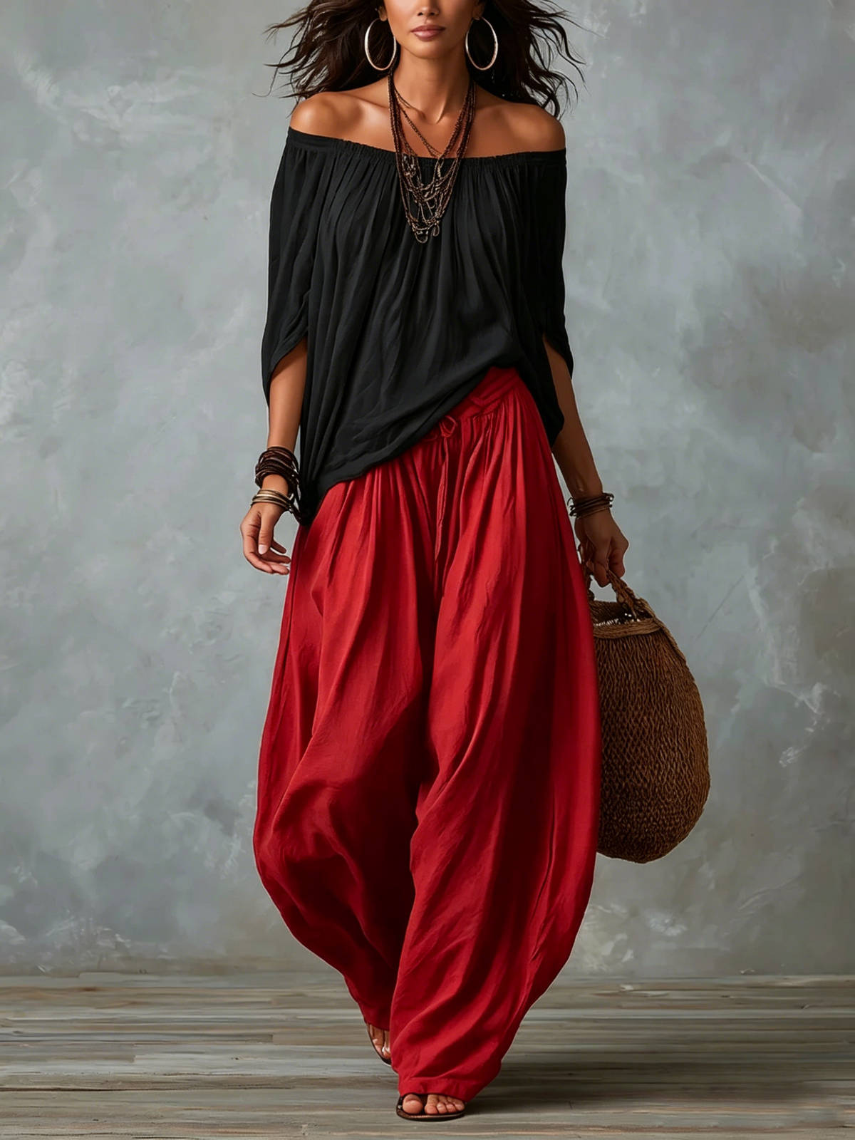 Marta | Conjunto de Top Blanco Off-the-shoulder y Pantalones Lantern Holgados