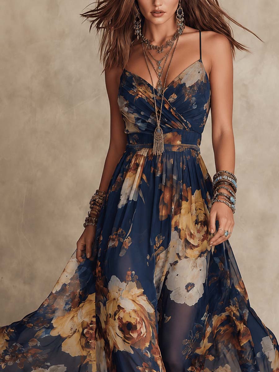 Vestido Largo de Chifón Floral de Tirantes