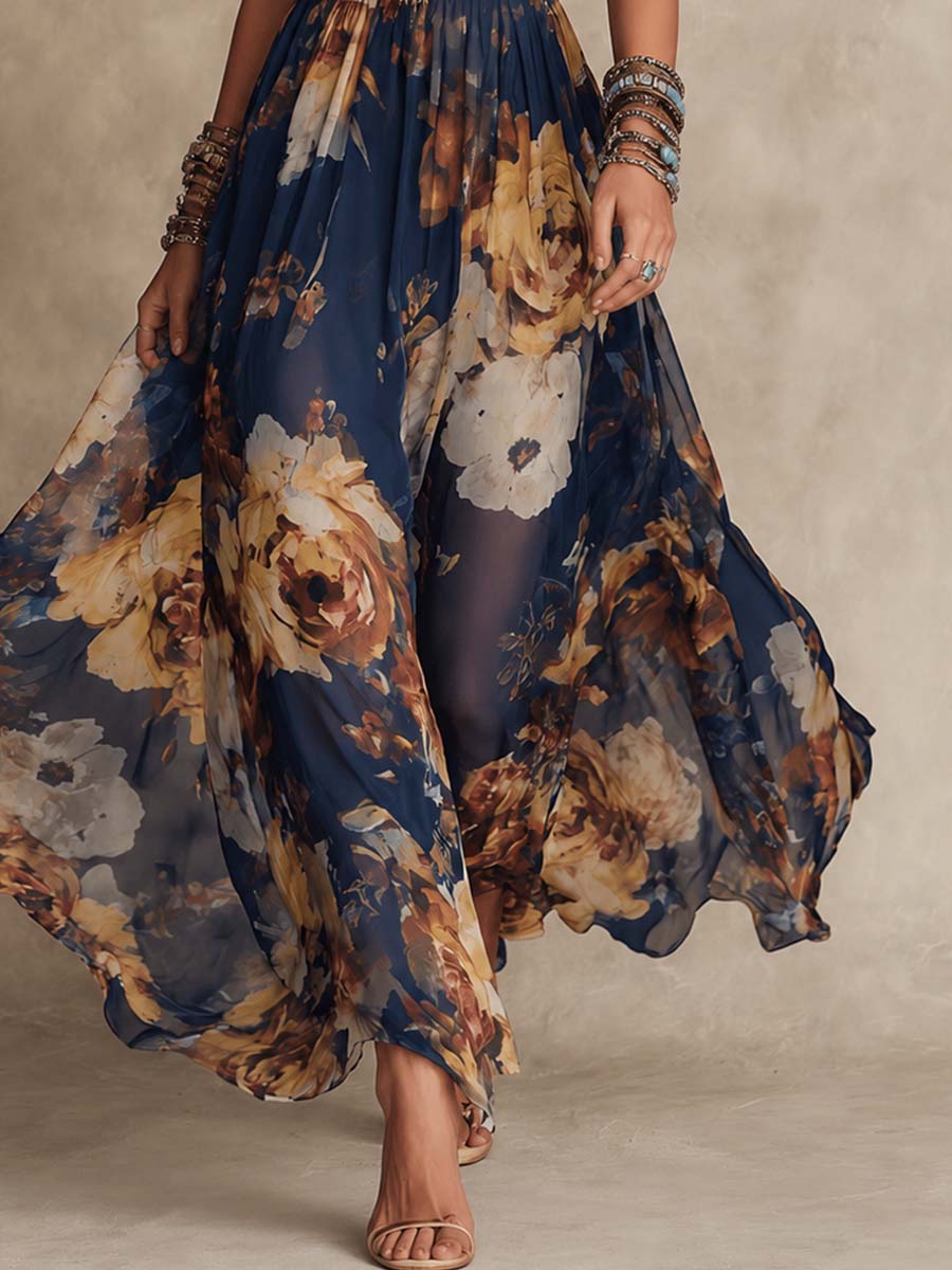Vestido Largo de Chifón Floral de Tirantes