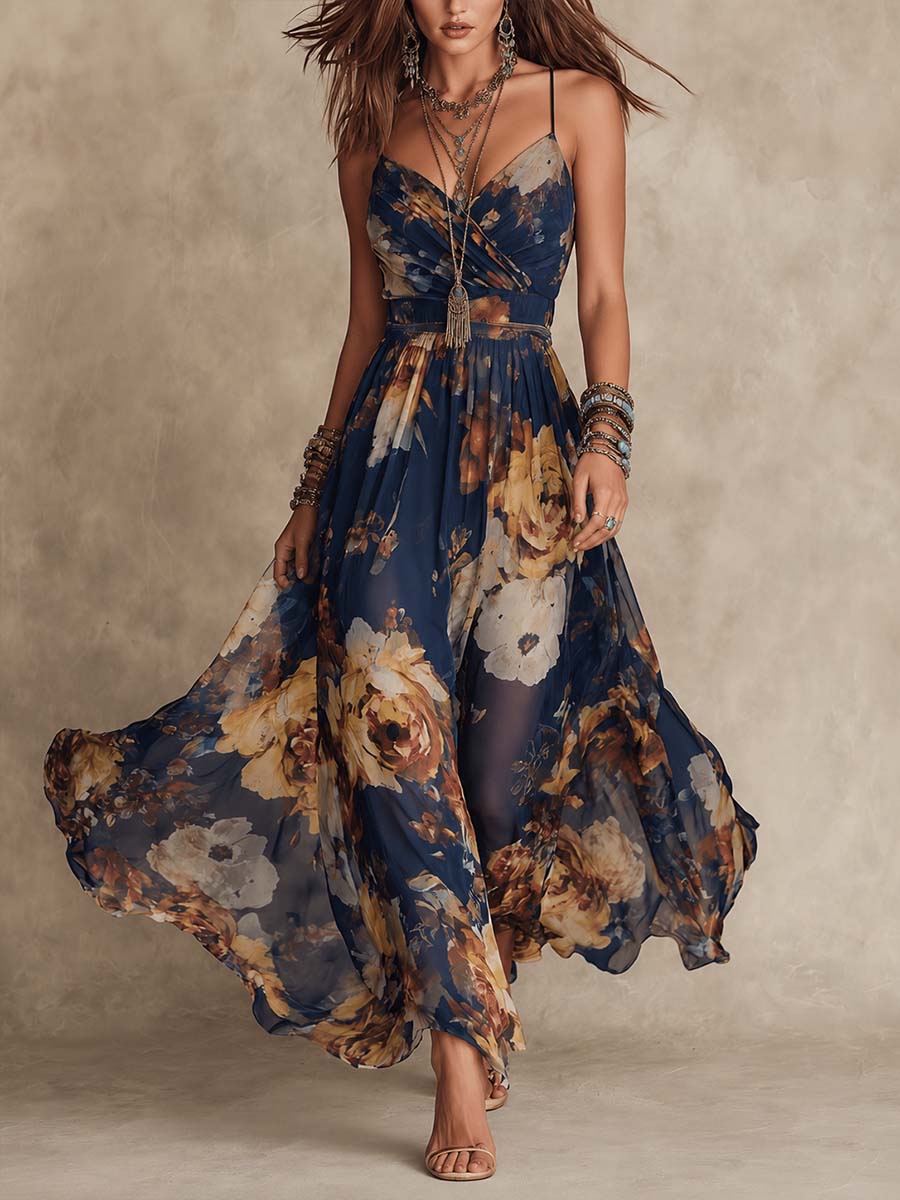 Vestido Largo de Chifón Floral de Tirantes