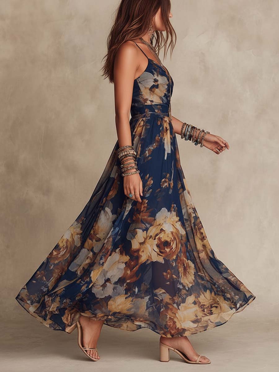 Vestido Largo de Chifón Floral de Tirantes