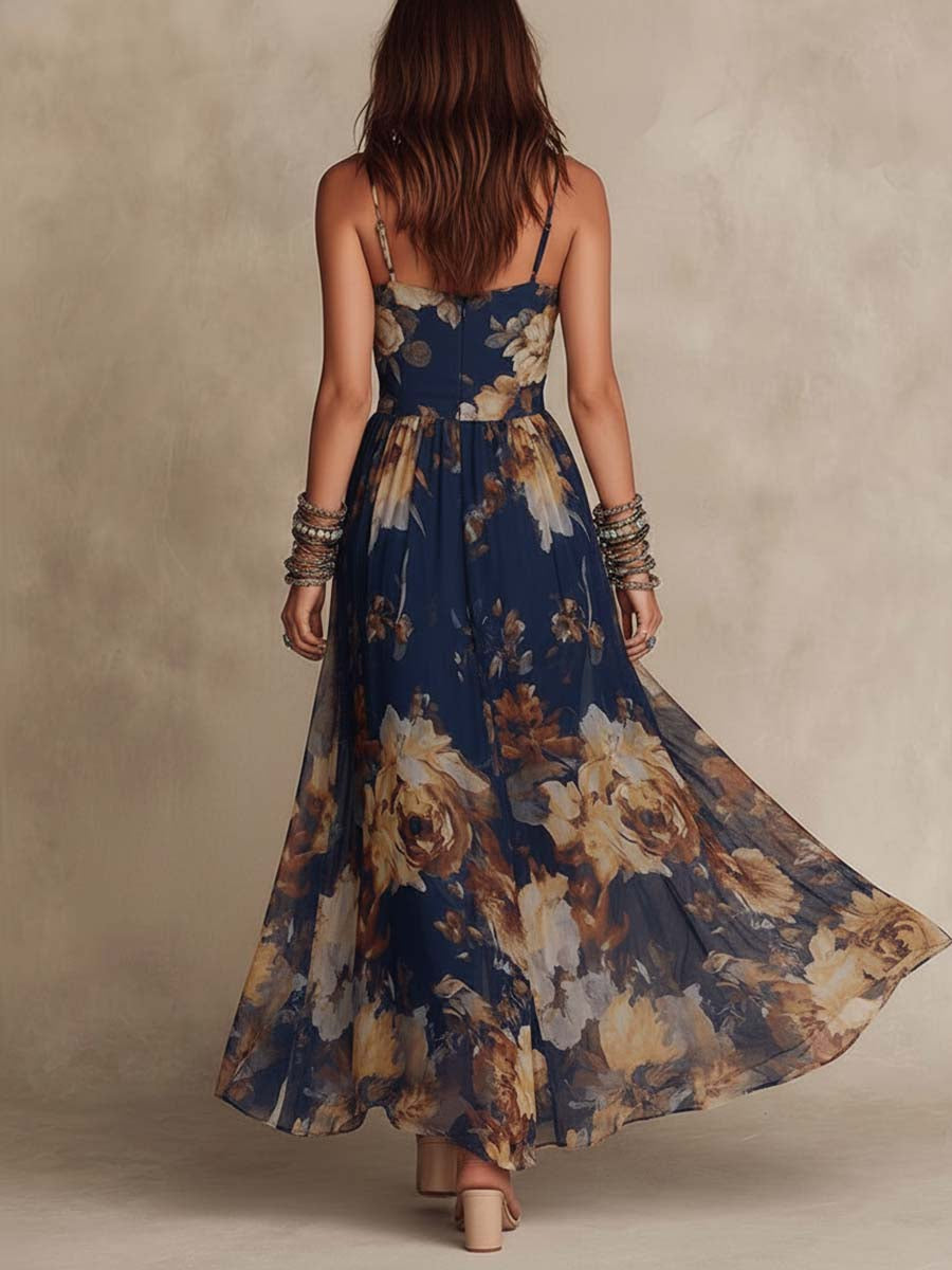 Vestido Largo de Chifón Floral de Tirantes