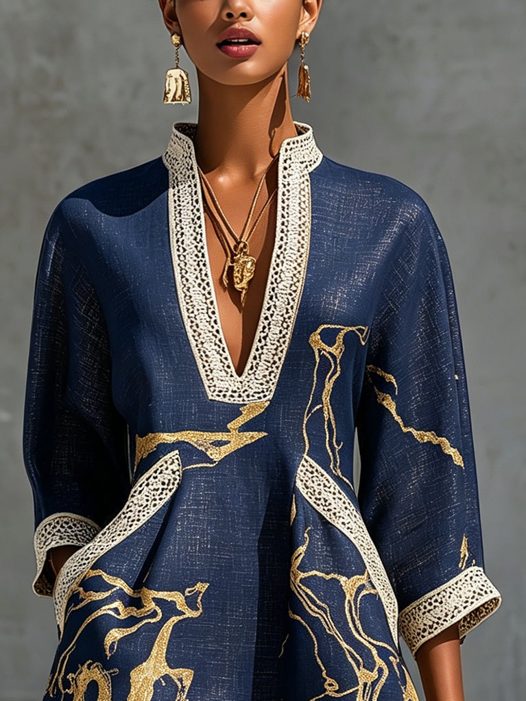 Vestido mini de encaje de ganchillo con cuello en V impreso en oro marino