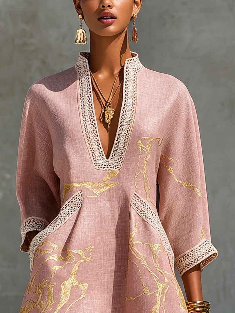 Vestido Mini de Encaje de Crochet con Escote en V de Oro Rosa