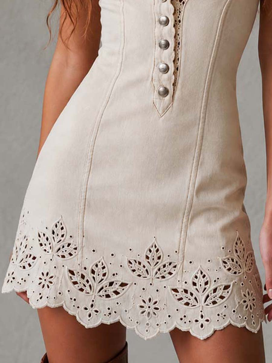 Vestido Mini de Encaje Hueco con Escote en V Retro Marfil