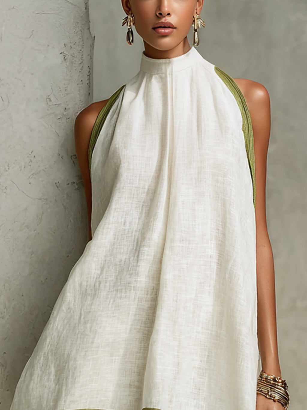 Vestido Mini A-Line Sin Mangas en Blanco y Verde Oliva con Estampado Floral