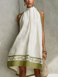 Vestido Mini A-Line Sin Mangas en Blanco y Verde Oliva con Estampado Floral
