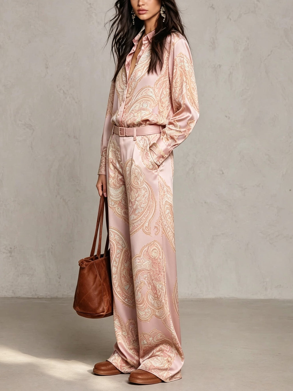 Gloria | Camisa de seda de manga larga con estampado paisley en burdeos y pantalones de pierna ancha