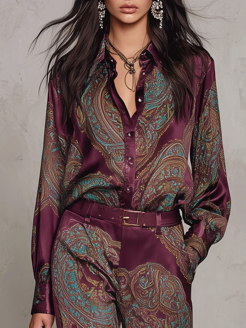 Gloria | Camisa de seda de manga larga con estampado paisley en burdeos y pantalones de pierna ancha