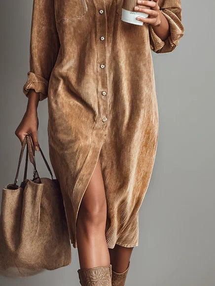 Veronica | Vestido Midi de Pana con Bolsillos Dobles en el Pecho y Botones