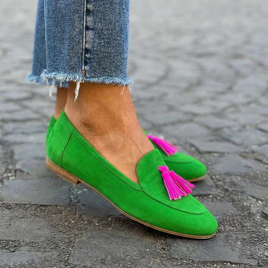 Isabela | Mocasín Verde con Flecos Fucsias