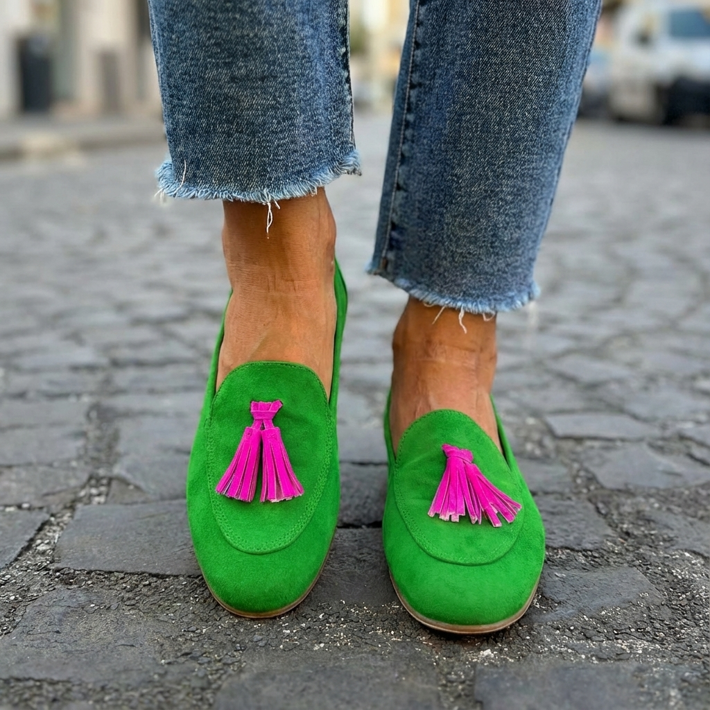 Isabela | Mocasín Verde con Flecos Fucsias