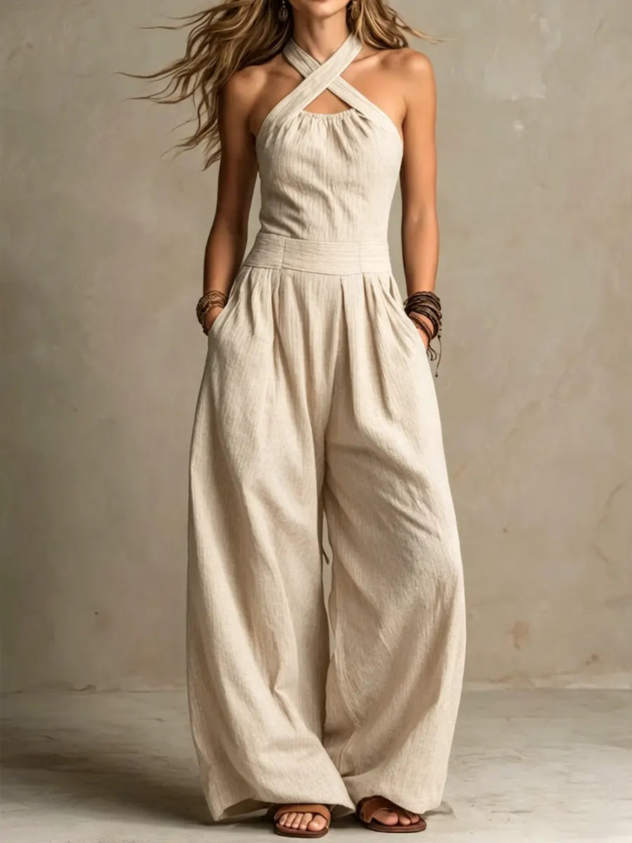 Bianca™ | Pantalón Salopette de Lino y Algodón con Escote Cruzado Elegante