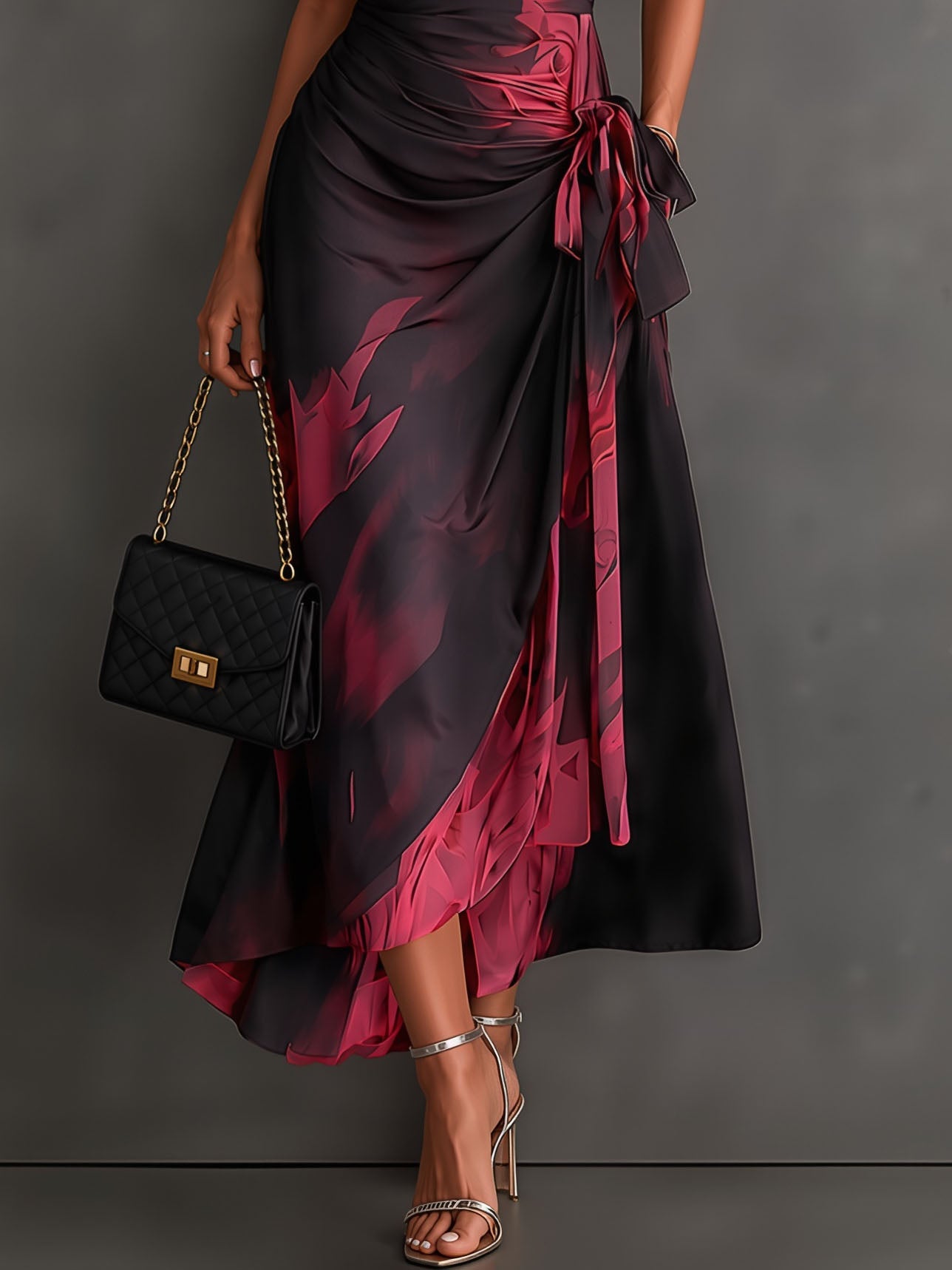 Malasia | Vestido Midi Envoltura Abstracto Rojo y Negro con Cuello Camisero, Escote en V