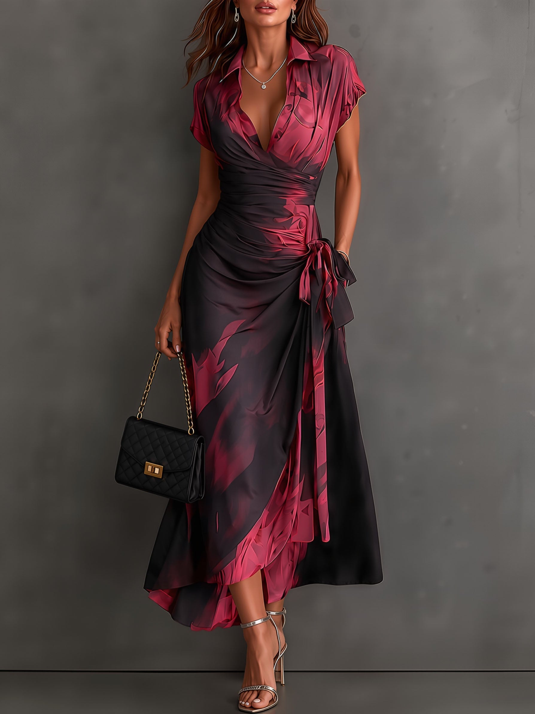 Malasia | Vestido Midi Envoltura Abstracto Rojo y Negro con Cuello Camisero, Escote en V